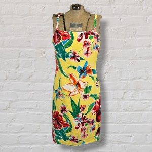 VINTAGE Y2K Yellow Red Blue Floral Linen Sleeveless Spaghetti Strap Sun Dress